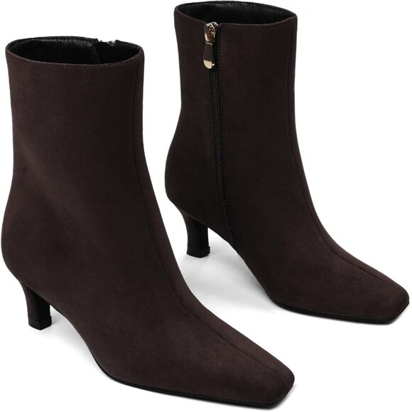 Women Chocolate Square Toe Kitten Faux Suede Short Low Heel Dressy Ankle Booties - Picture 4 of 6